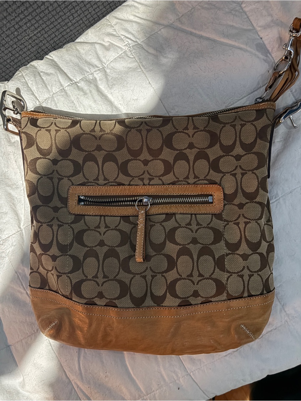 Coach Brown Signature Canvas and Tan Leather Trim Crossbody